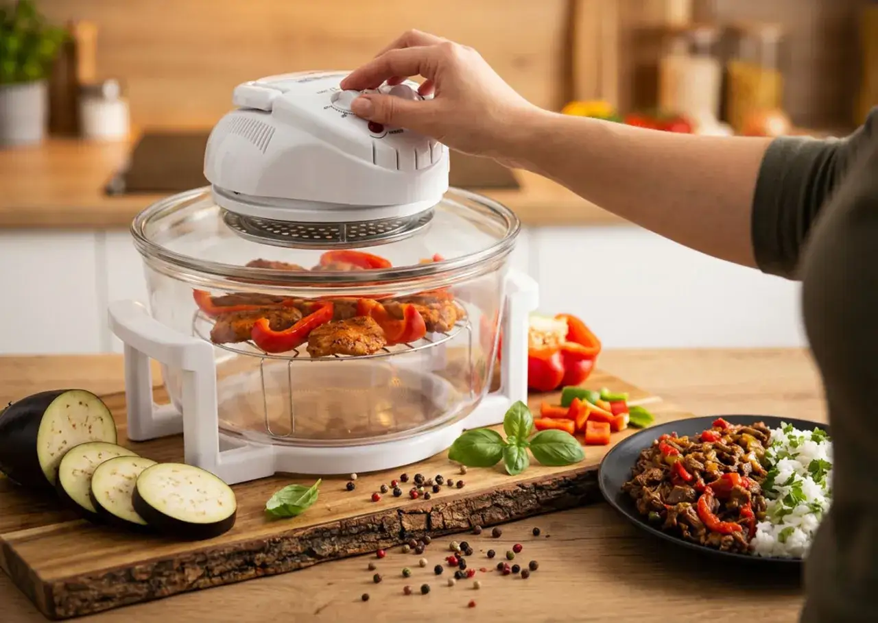 Kombiwar co to? Urządzenie do pieczenia mięsa i warzyw. Na ruszcie w szklanej misie pieką się kawałki kurczaka z papryką. Obok bakłażan i gotowe danie.