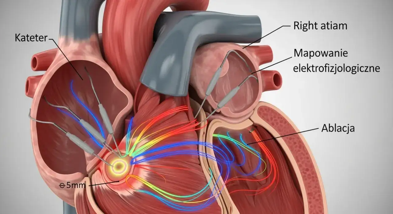 Kateter w prawym przedsionku serca, mapowanie elektrofizjologiczne i ablacja. To wyjaśnia, co to jest ablacja.