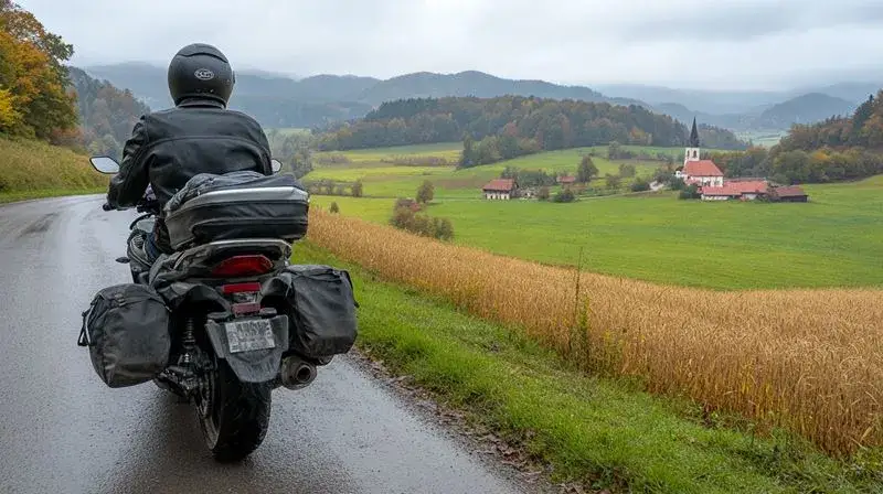 Motocykl na malowniczej drodze w Wielkopolsce, jeziora i lasy