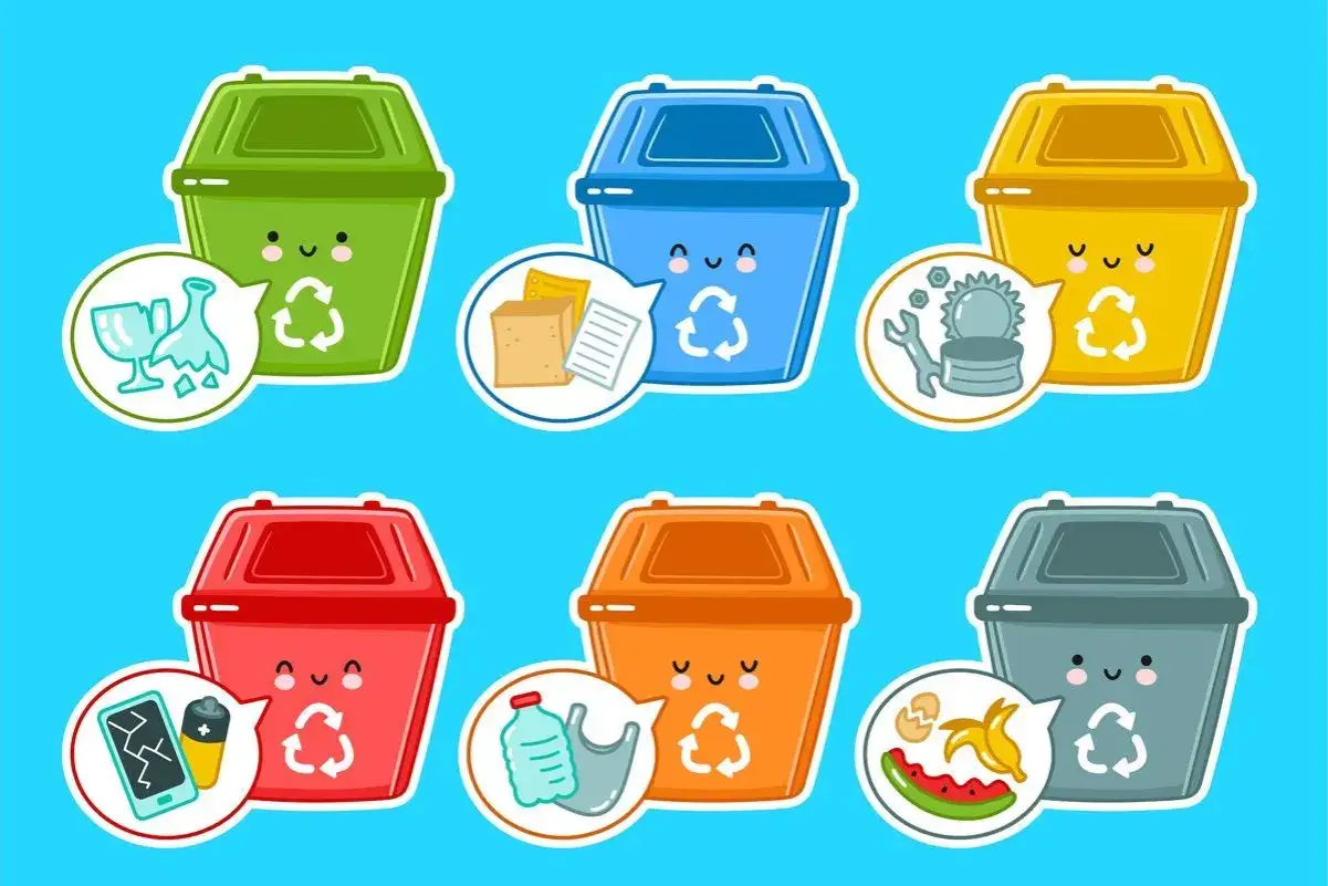 Wesołe kosze do segregacji śmieci dla dzieci: szkło, papier, metal, elektrośmieci, plastik i bio. Uczymy się dbać o planetę!