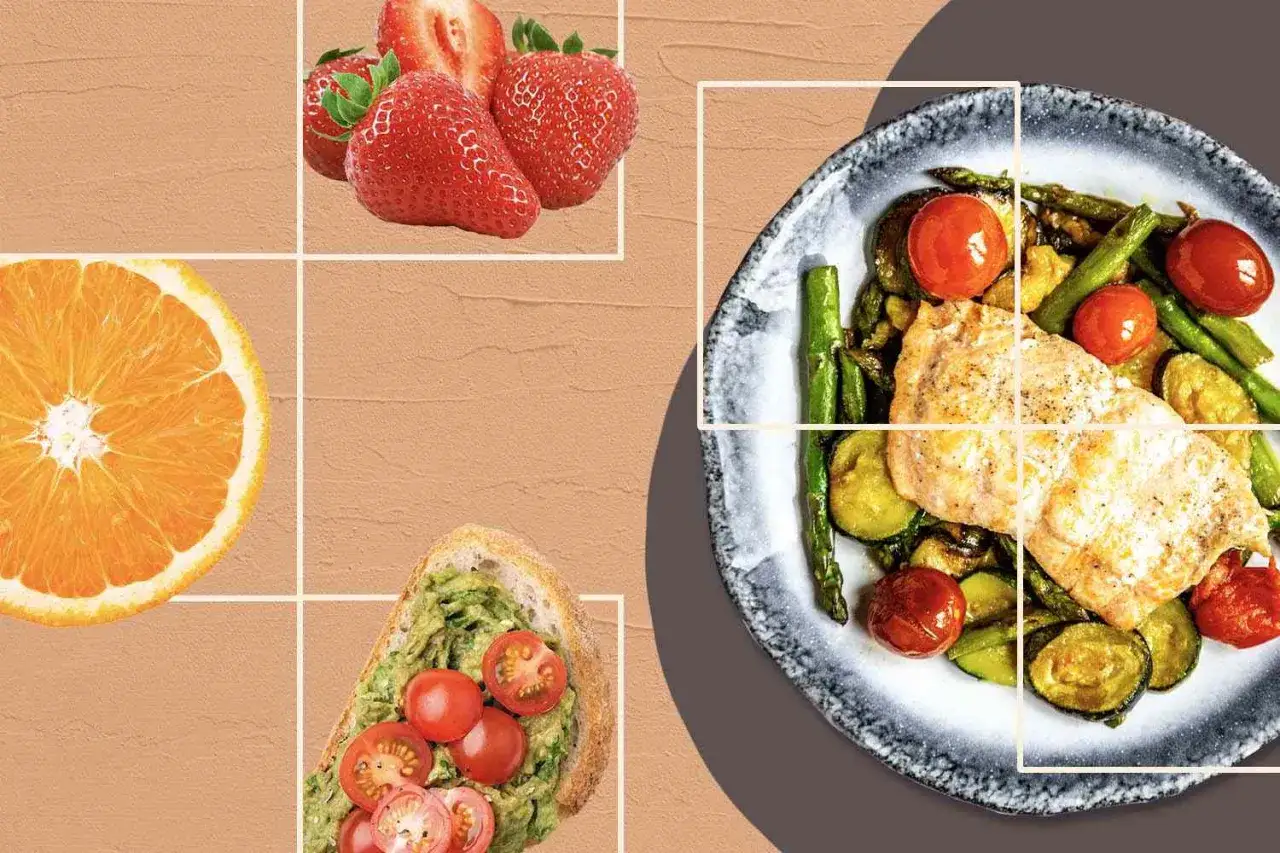 Zdrowy posiłek: łosoś z warzywami, tost z awokado, pomidorkami, truskawki i pomarańcza. Idealne składniki na dieta 1700 kcal.