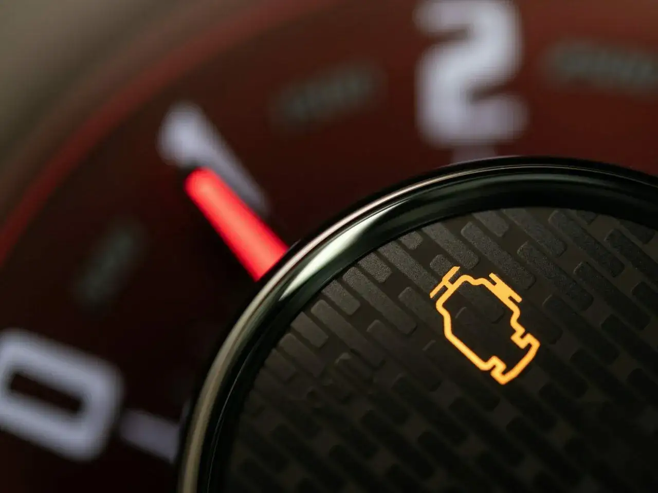 Pomarańczowa kontrolka silnika świeci, sygnalizując potencjalny spadek mocy. Czerwona wskazówka na obrotomierzu sugeruje, że coś jest nie tak.