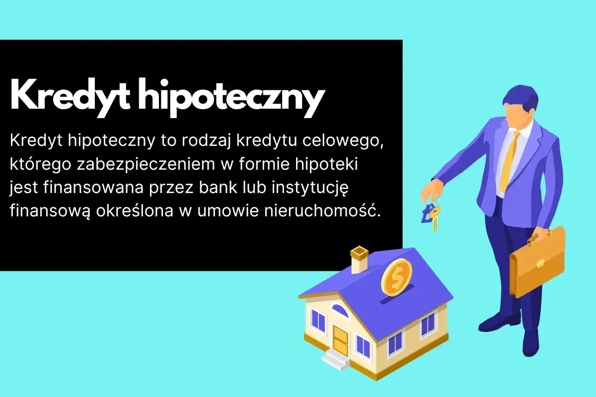 Kredyt hipoteczny to celowy kredyt zabezpieczony hipoteką, który pozwala sfinansować nieruchomość. Na ilustracji mężczyzna z kluczami i teczką obok domu.