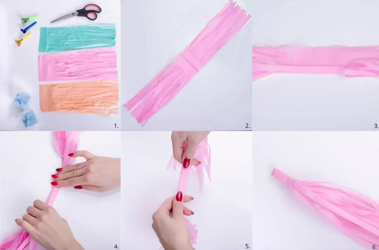 Instrukcja tworzenia girlandy z bibuły. Kolorowe paski bibuły, nożyczki i wstążki do stworzenia wyjątkowych dekoracji urodzinowych dla dzieci.