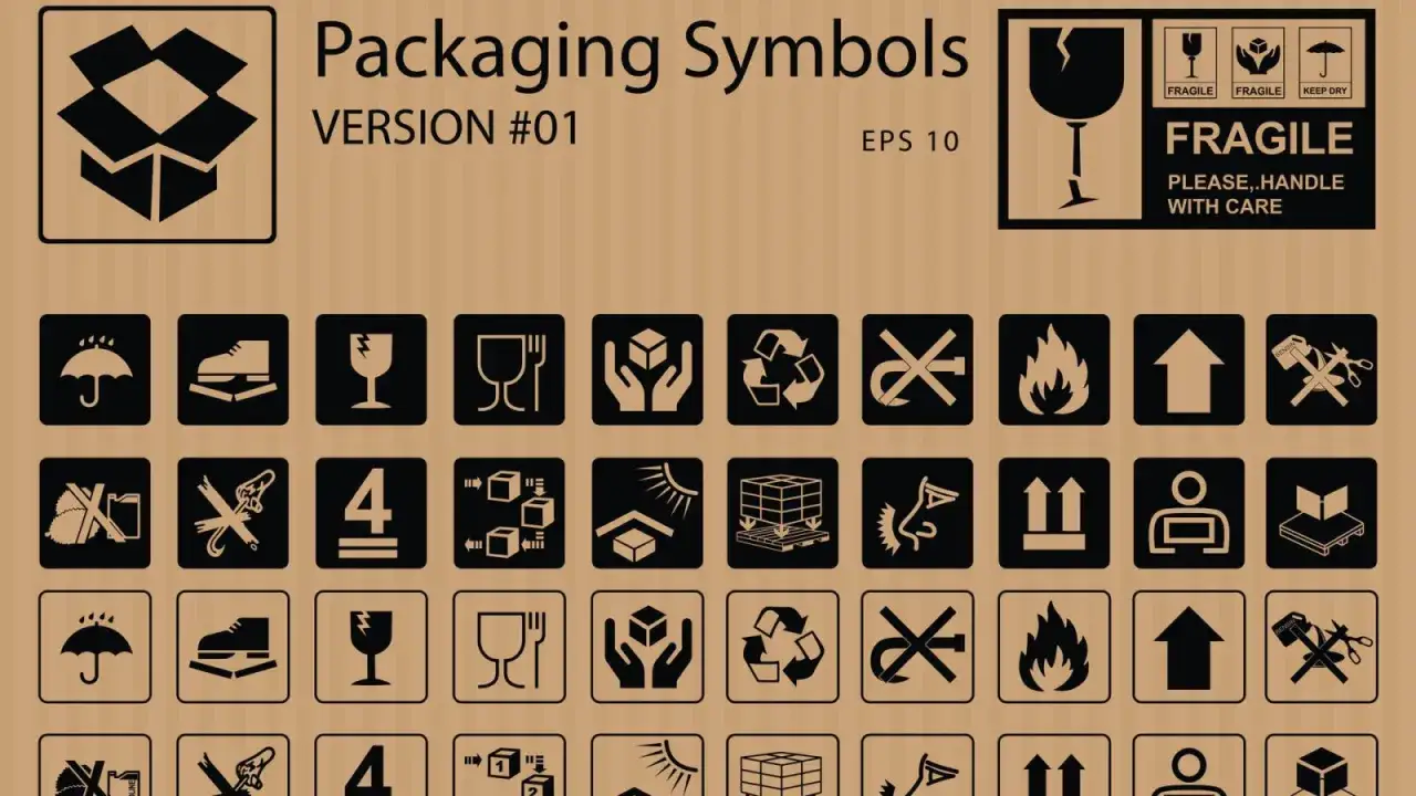 Zestaw ikon z r&oacute;żnymi znakami manipulacyjnymi, informującymi o sposobie obchodzenia się z paczką: ochrona przed deszczem, ostrożność, kruchość, zakaz sztaplowania i inne.
