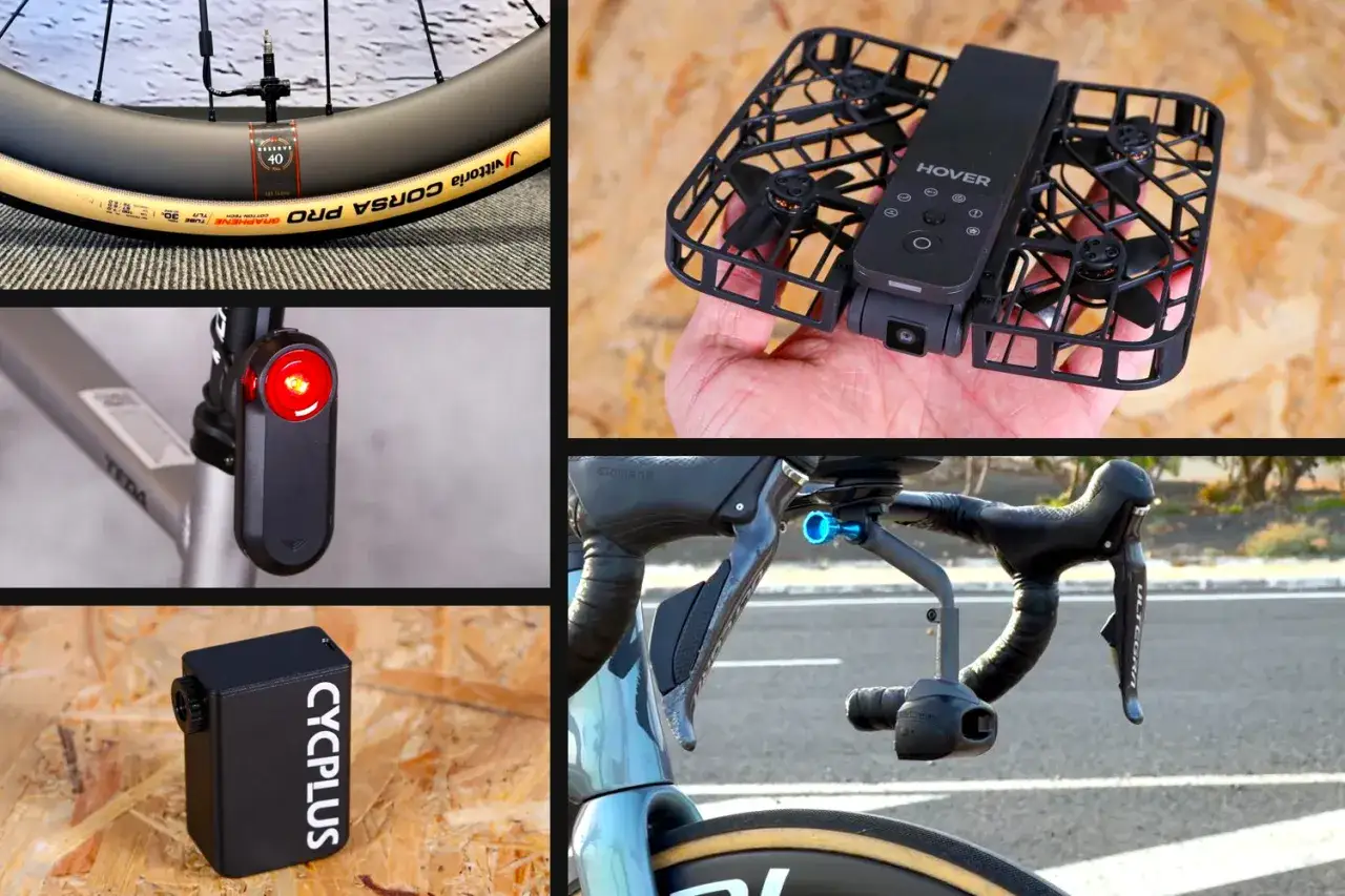 Nowoczesne gadżety do roweru: dron, lampka, pompka i uchwyt na kierownicę.