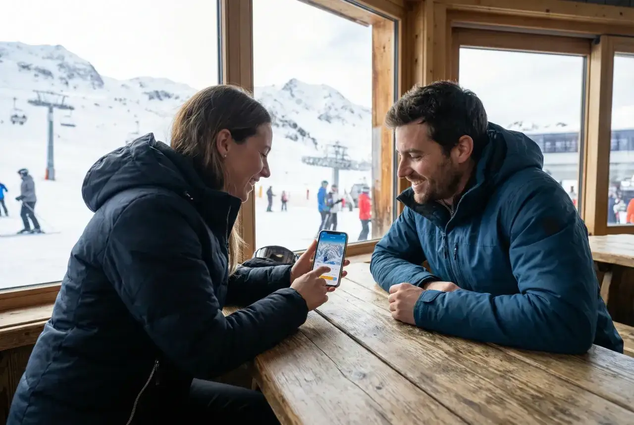 Para planuje, jakie narty dla początkujących wybrać, przeglądając aplikację na telefonie. W tle góry i wyciąg narciarski.