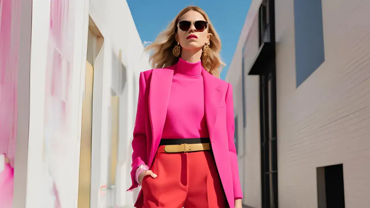 stylizacja color blocking czerwone spodnie i r&oacute;żowa bluzka