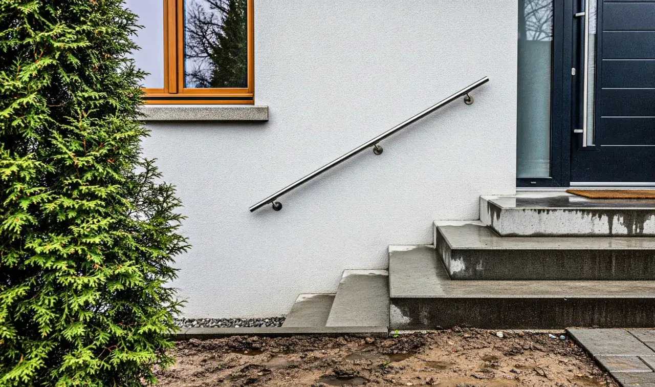 Nowe schody z metalową poręczą, przypominającą gęsią szyję, prowadzą do drzwi. Obok rośnie tuja.