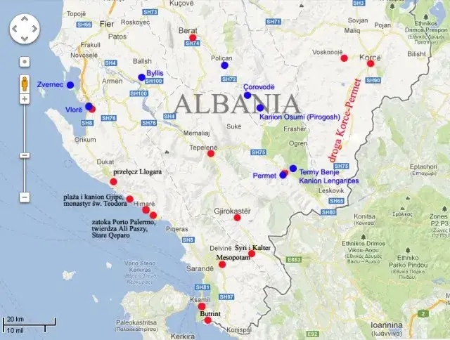 Mapa turystyczna Albanii z atrakcjami