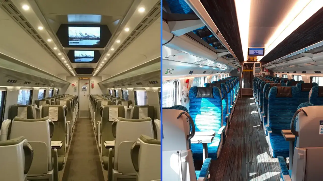 Wnętrza dwóch pociągów: jeden z zielonymi siedzeniami, drugi z niebieskimi, z logo Pendolino. Czy pociąg EIP to Pendolino? Tak!