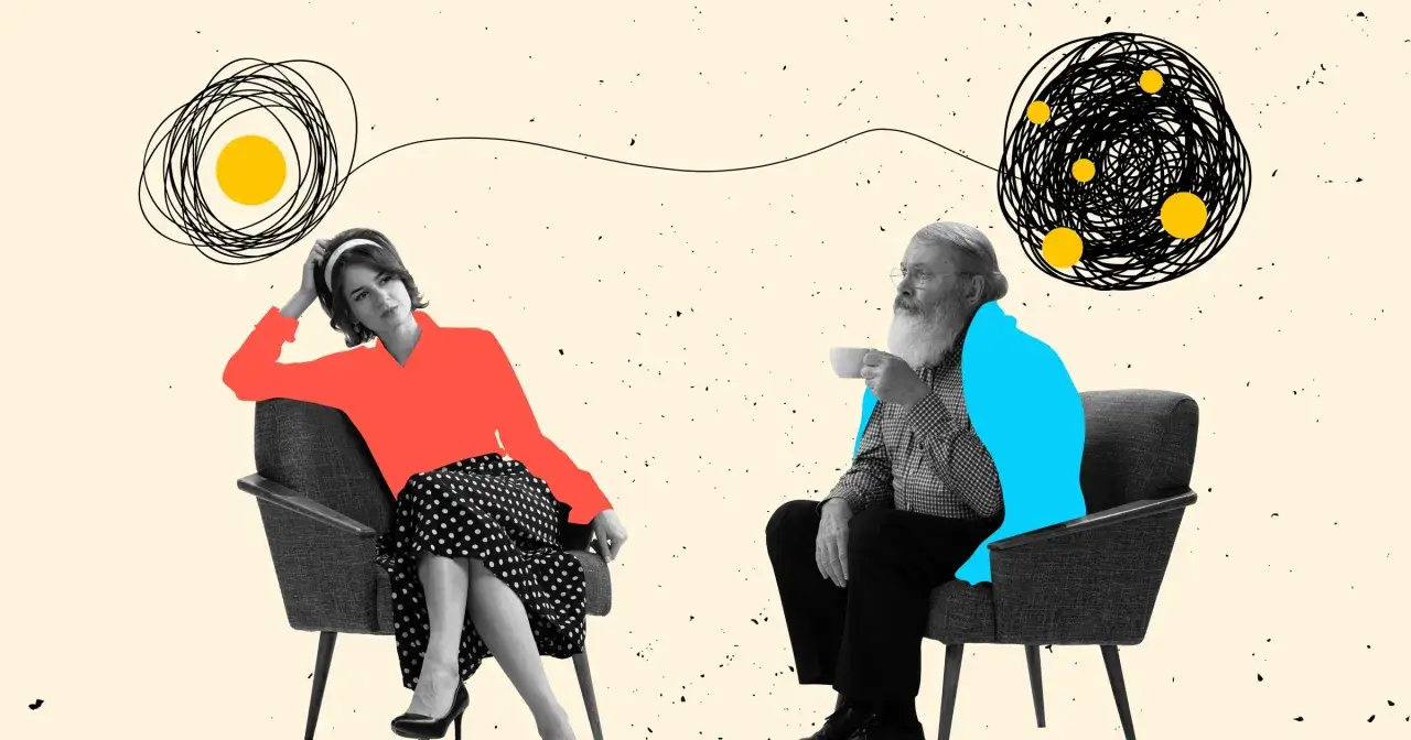 Kobieta i starszy mężczyzna siedzą w fotelach, połączonych linią symbolizującą niestabilność emocjonalną u mężczyzn.