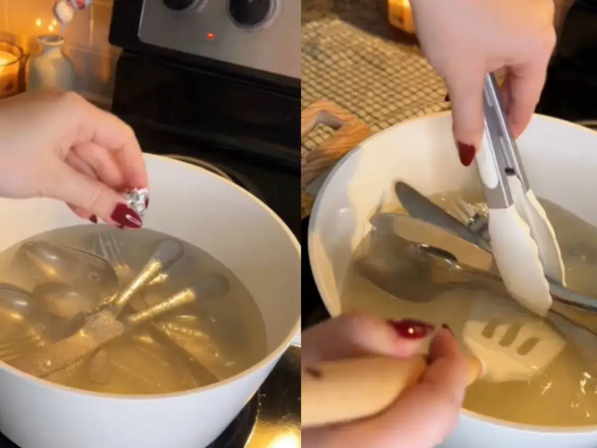 Jak wyczyścić poczerniałe sztućce? Kobieta wrzuca folię aluminiową do garnka z wodą i sztućcami, by je odnowić.