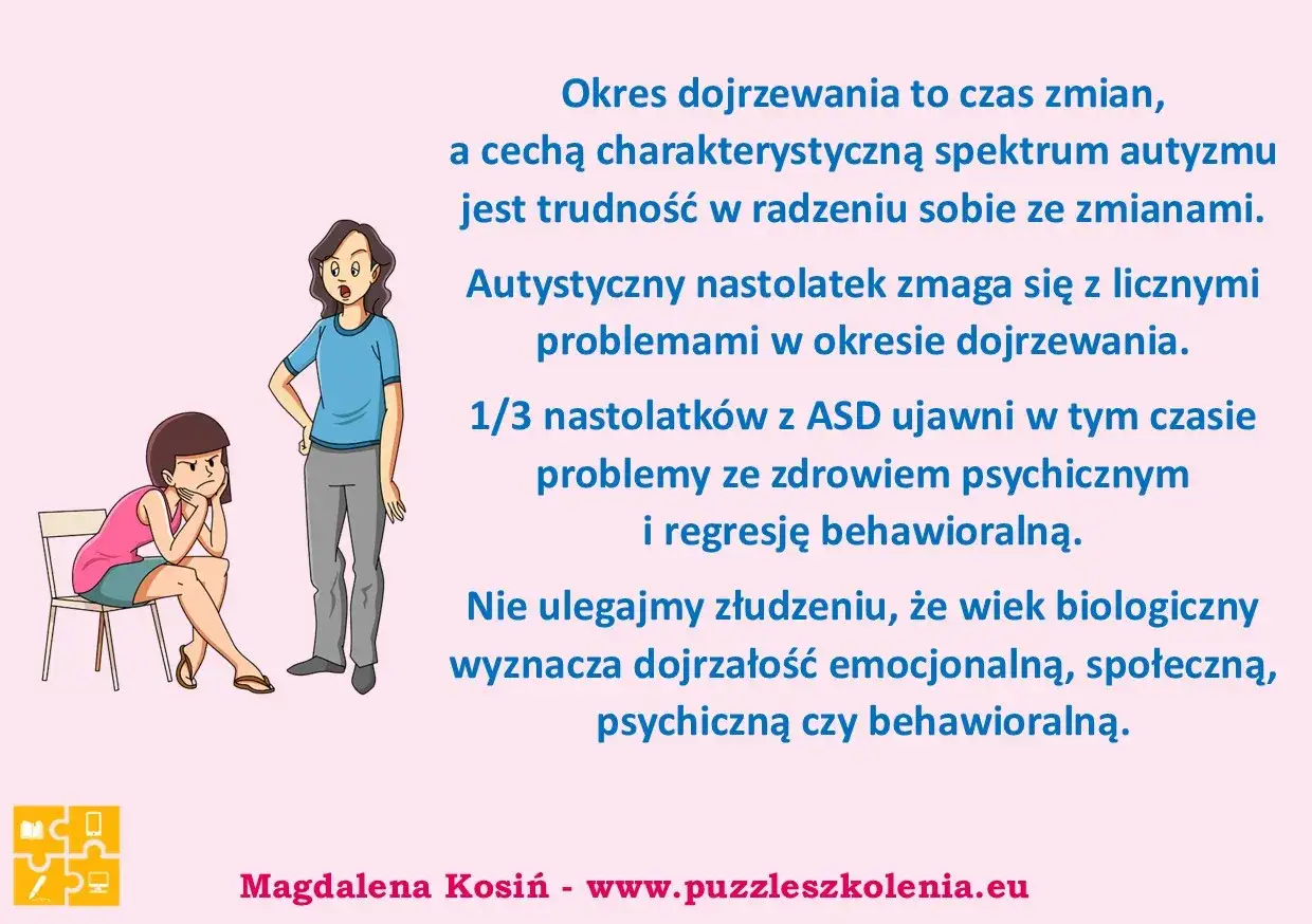 Ilustracja przedstawia dwie nastolatki. Jedna siedzi zamyślona, druga stoi obok. Tekst m&oacute;wi o wyzwaniach związanych z okresem dojrzewania u os&oacute;b z lekkim autyzmem.