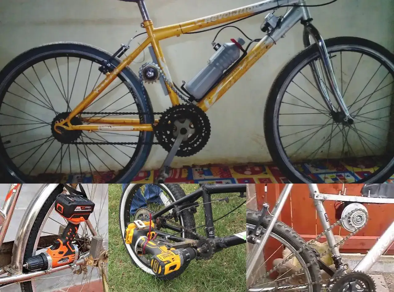 Samodzielnie przerobiony rower elektryczny z silnikiem centralnym, napędzanym wiertarką.