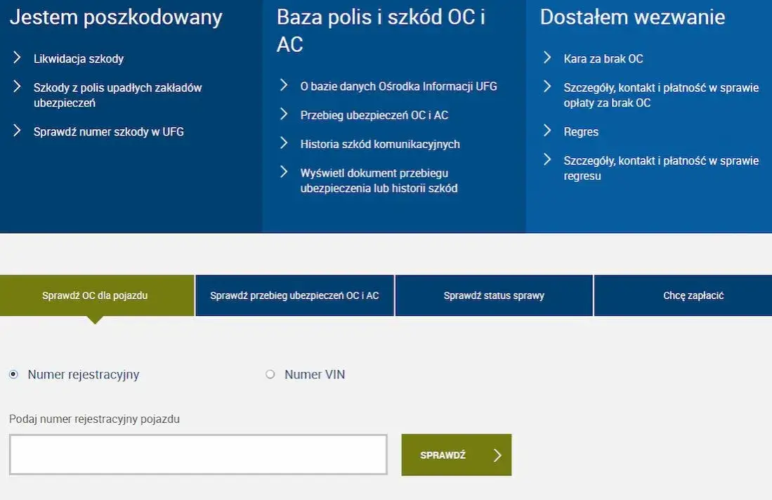 strona UFG sprawdzanie OC po numerze rejestracyjnym