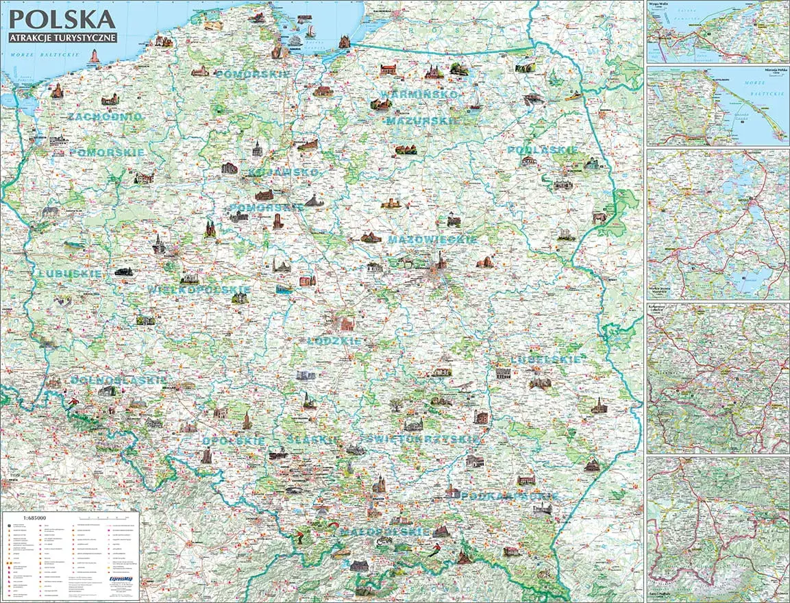 Mapa Polski z zaznaczonymi atrakcjami turystycznymi