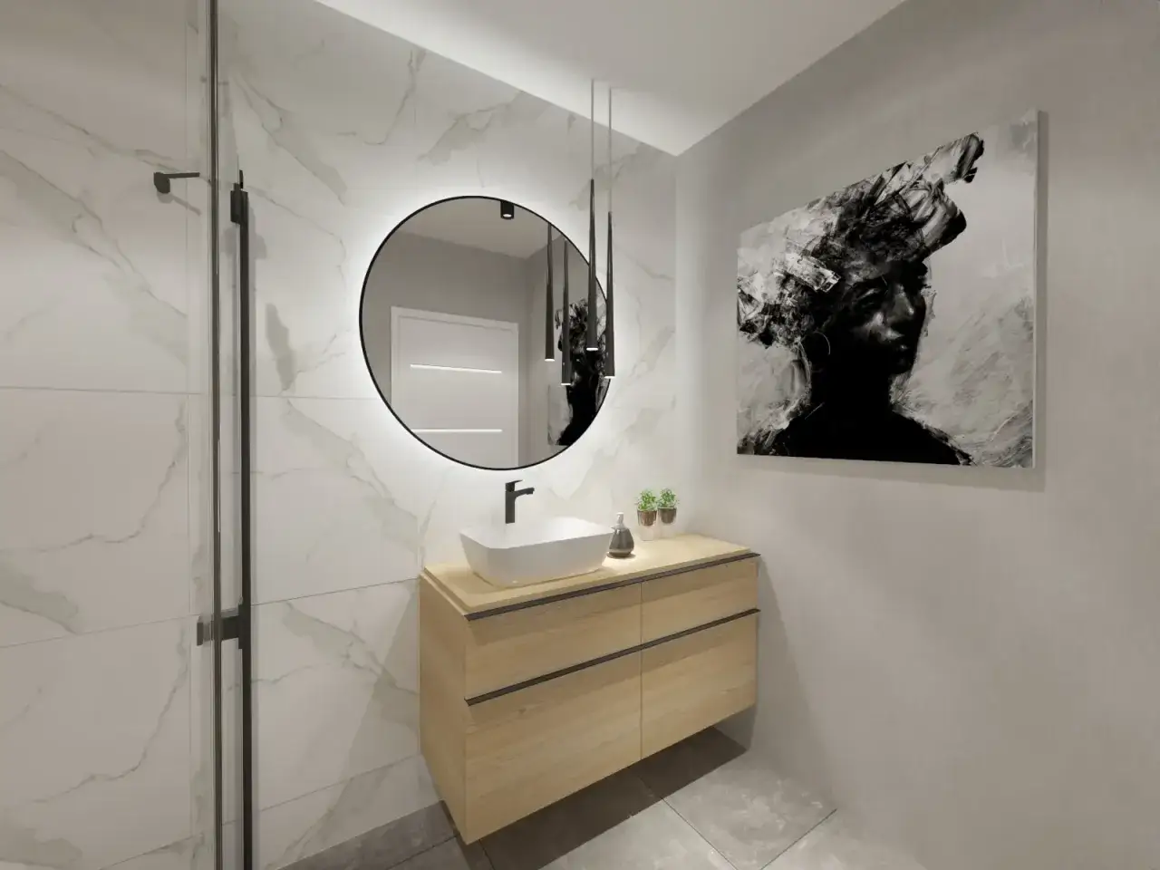 Nowoczesna łazienka z lustrem podświetlanym, drewnianą szafką i eleganckimi panelami ściennymi łazienkowymi imitującymi marmur.