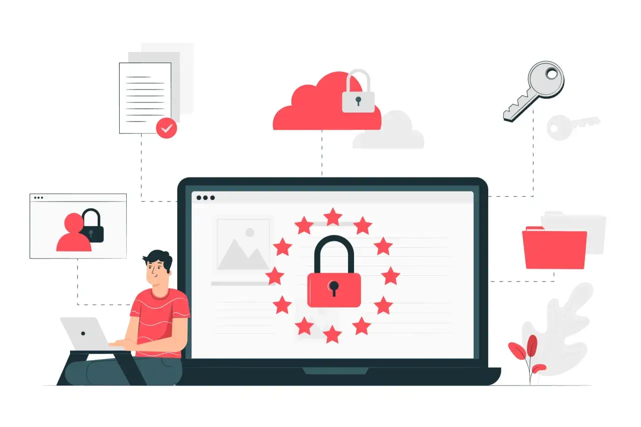 Ilustracja pokazuje, jak private compute services zapewniają bezpieczeństwo danych. Widzimy ikonę kłódki na laptopie, chmurze i w oknie przeglądarki, symbolizującą ochronę.