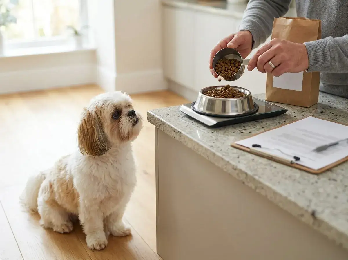 Shih tzu czeka na swoją porcję karmy. Właściciel odmierza na wadze, ile gram karmy dla psa wsypać do miski.