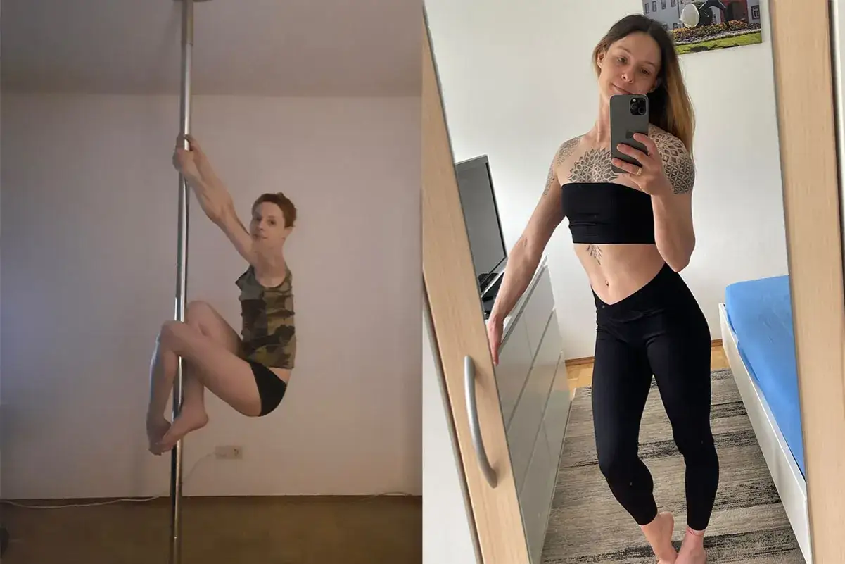 Kobieta ćwiczy na rurze, pokazując siłę i zwinność. Pole dance daje pewność siebie i piękne ciało.