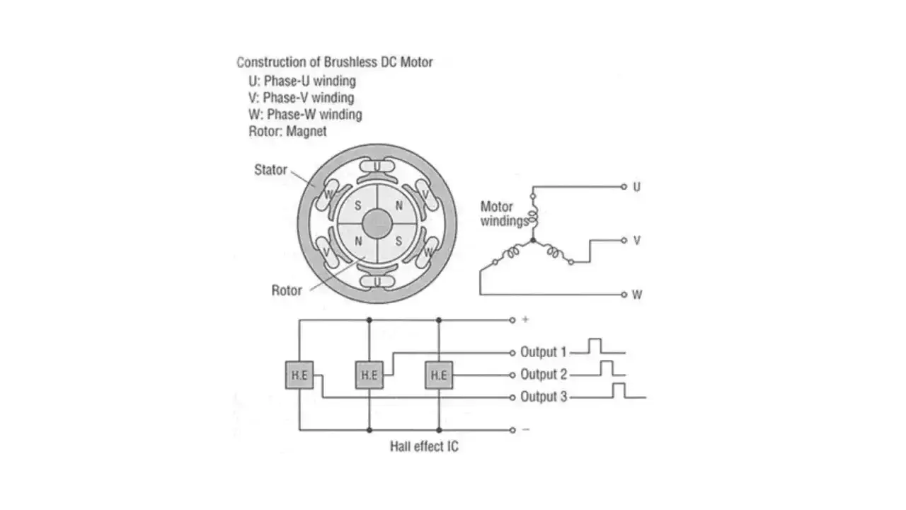 Schemat budowy silnika bezszczotkowego, jego uzwojeń i czujników Halla. Analiza wad i zalet silnika bezszczotkowego.