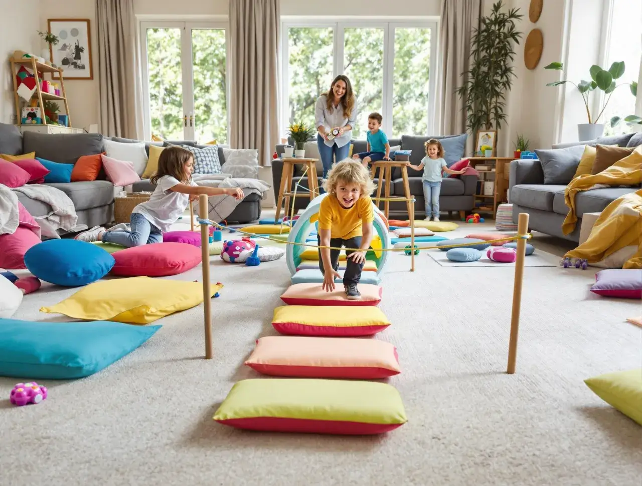 dziecko na torze przeszkód z poduszek