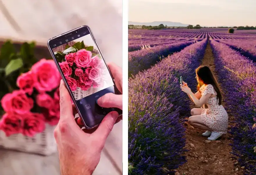 smartfon z widokiem posta na Facebooku z podziękowaniami i kwiatami w tle