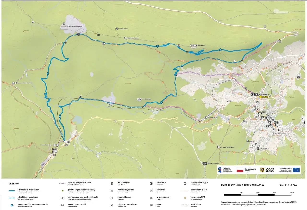 Mapa tras rowerowych Szklarska Poręba. Zaznaczone szlaki MTB, punkty widokowe, restauracje i parkingi.