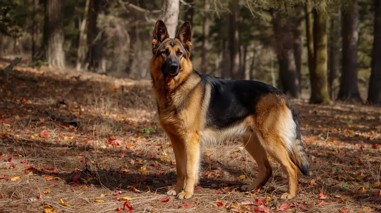 Piękny owczarek niemiecki stoi w jesiennym lesie. Zastanawiasz się, ile żyje owczarek niemiecki? Średnio 9-13 lat.