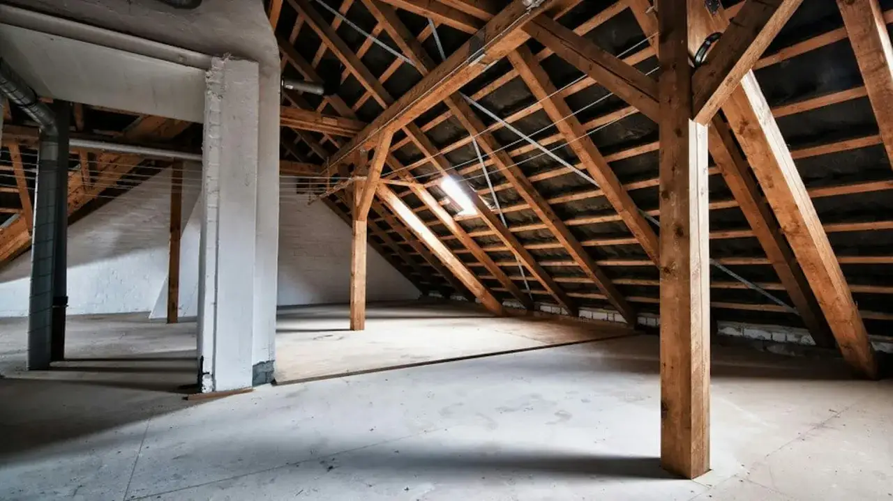 Pusta przestrzeń pod dachem kamienicy, idealna na przechowywanie rzeczy, które można trzymać na strychu. Drewniane belki i betonowa podłoga.