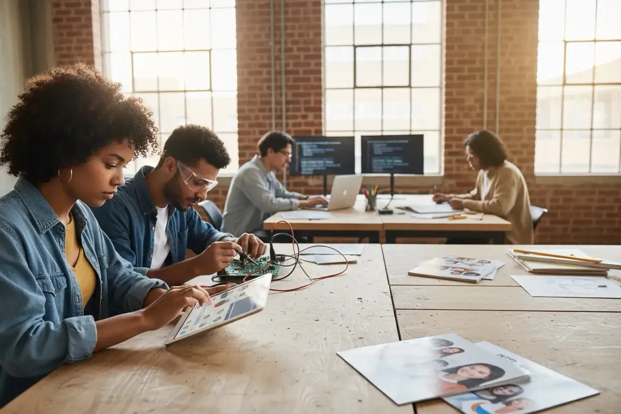 Studenci pracują nad projektem, zastanawiając się, czy można iść na studia bez matury. Jeden lutuje płytkę drukowaną, drugi korzysta z tabletu, a trzeci pisze kod.