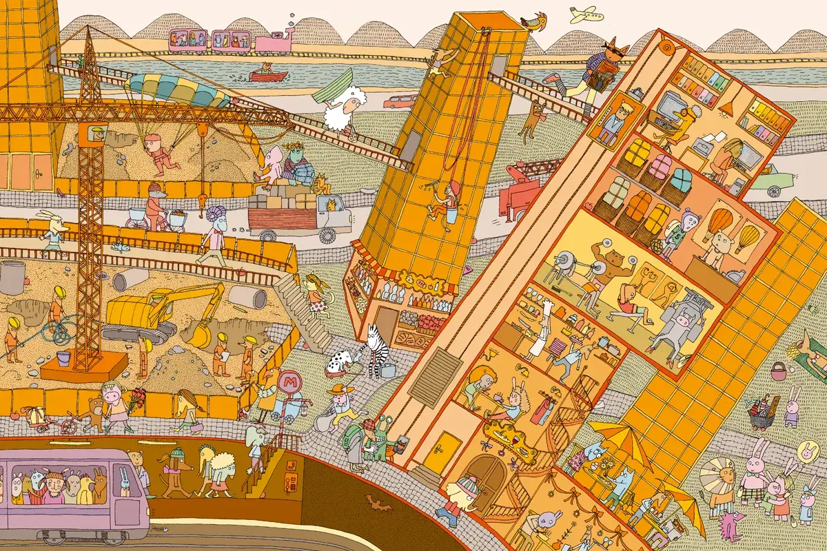 Witaj w Miasteczku Mamoko! Szukasz autor&oacute;w książki? Zobacz, jak zwierzątka pracują i bawią się w tej tętniącej życiem, kolorowej scenie.