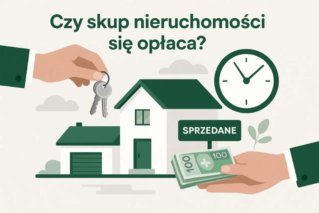 Ręce wymieniają klucze do domu na pieniądze. Czy skup nieruchomości się opłaca? Zegar sugeruje szybką transakcję.
