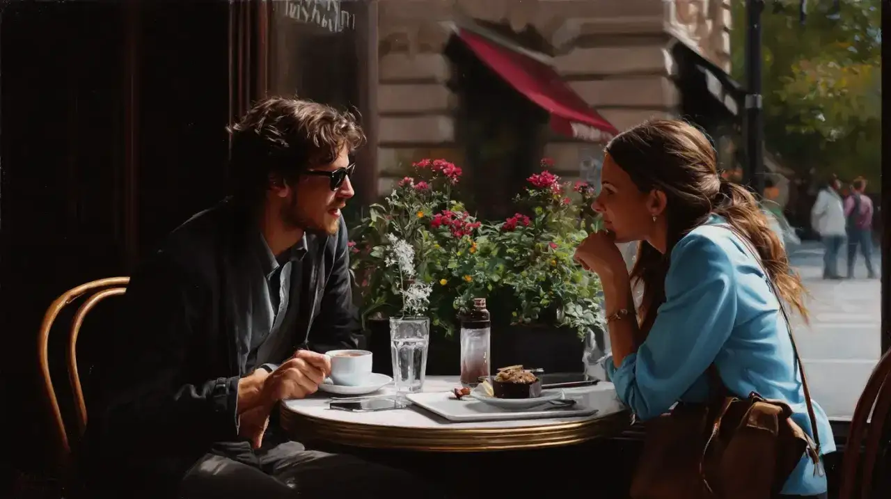 Facet zaczepia kobietę przy stoliku w kawiarni, otoczeni kwitnącymi kwiatami.