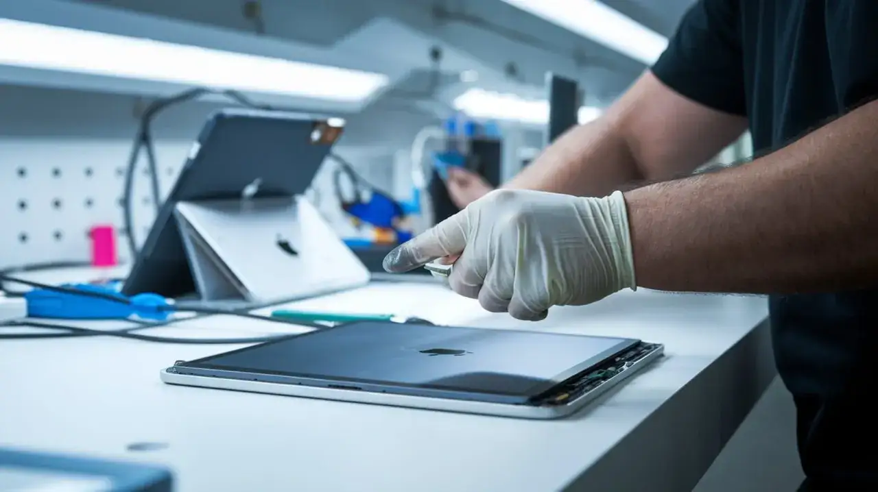Technik w białej rękawiczce pracuje nad tabletem, sugerując, czy można wymienić baterię w tablecie.