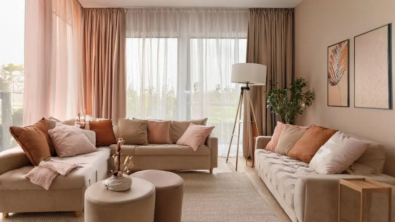 Przytulny salon z beżowymi sofami, mnóstwem poduszek i eleganckimi firanami w odcieniach różu i brązu.