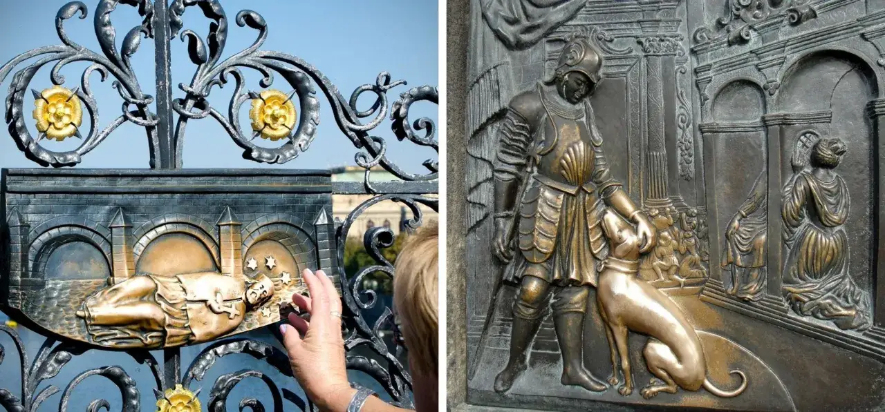 Fragmenty zdobień Mostu Karola w Pradze: postać świętego Jana Nepomucena i rycerz z psem.