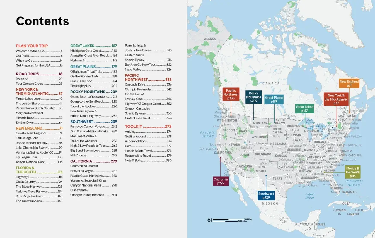 Planuj podr&oacute;ż do USA! Mapa USA z zaznaczonymi regionami: Nowy Jork, Nowa Anglia, Floryda, G&oacute;ry Skaliste, Pacyfik i inne.