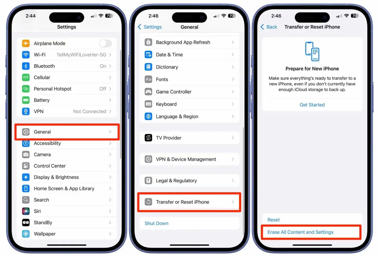 Jak zresetować iPhone: Ustawienia > Ogólne > Przenieś lub zresetuj iPhone > Wymaż całą zawartość i ustawienia.