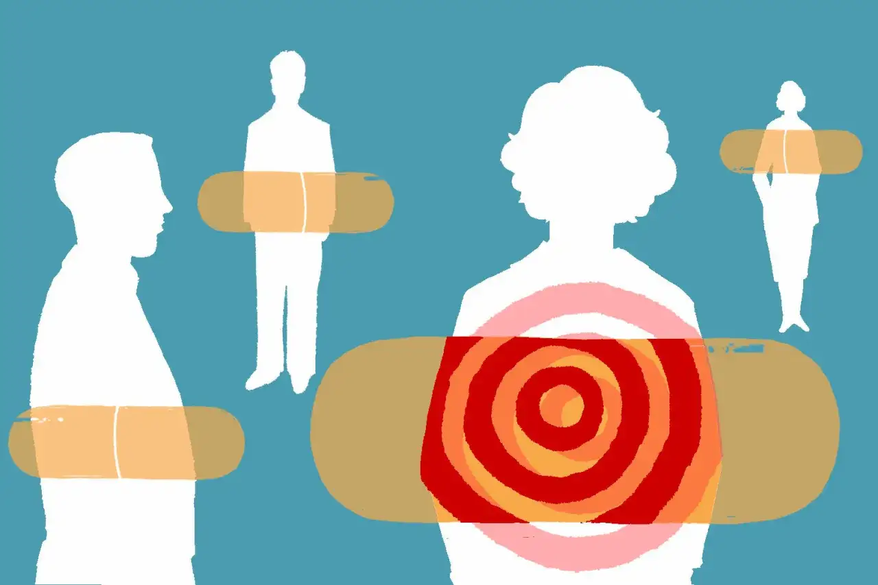 Silhouettes of people with pills. Jedna osoba ma na sobie celownik, symbolizujący uczulenie na penicylinę.