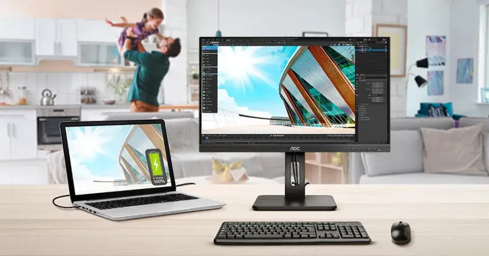 Monitor z podłączonym laptopem przez USB-C