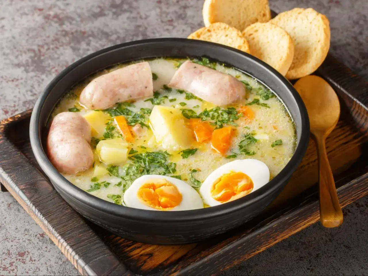 Pyszny żurek z ziemniakami, białą kiełbasą i jajkiem, idealny na obiad. Ten przepis na żurek z ziemniakami zachwyci każdego.