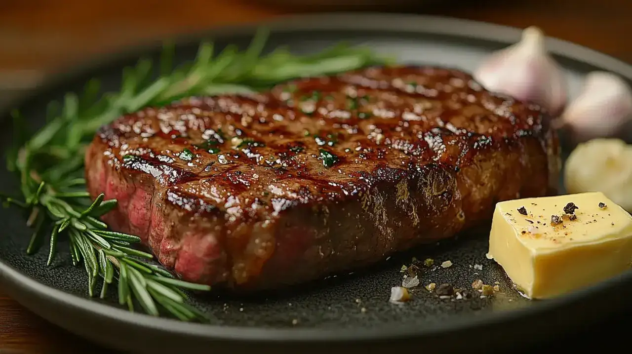 Soczysty stek wołowy, idealnie wysmażony, z gałązką rozmarynu, czosnkiem i kostką masła. Pyszny efekt pieczenia w piekarniku.