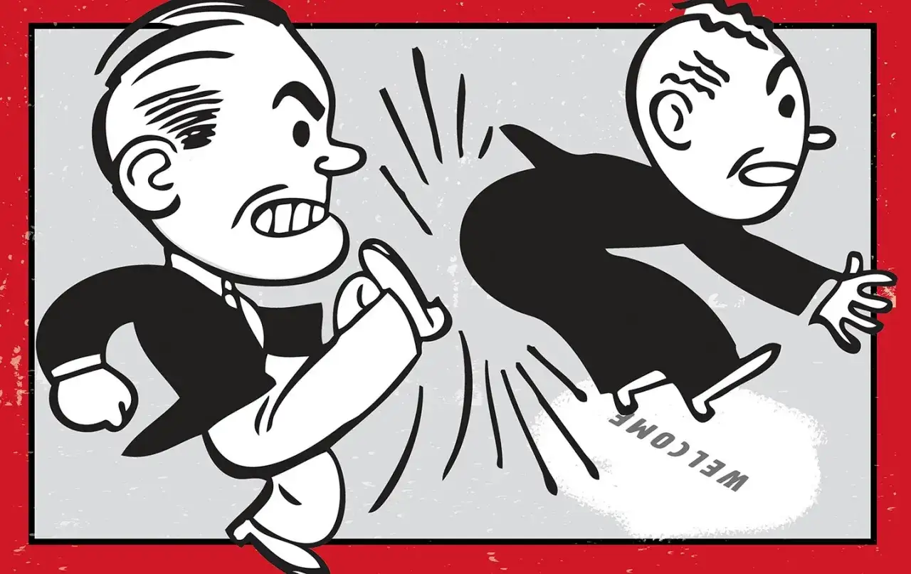 Zgodnie z prawem, czy można wyrzucić z domu osobę zameldowaną na stałe? Ilustracja pokazuje, jak jeden mężczyzna kopie drugiego z wycieraczki 