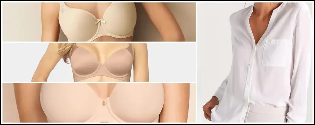 cielisty biustonosz pod białą koszulą efekt