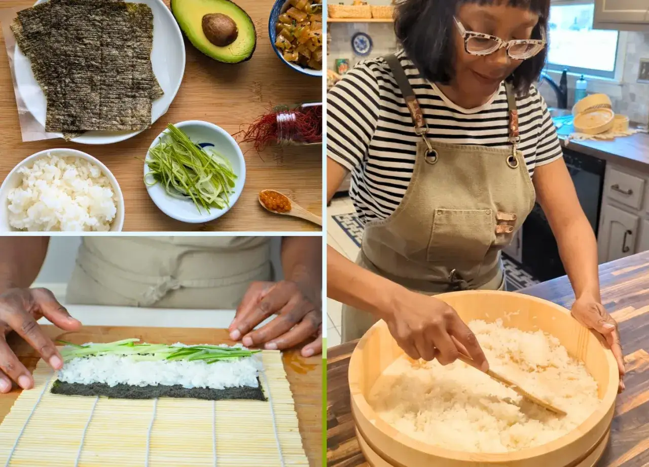 Przygotowanie ryżu do sushi: składniki na stole, zwijanie rolki i mieszanie ryżu w drewnianej kadzi.