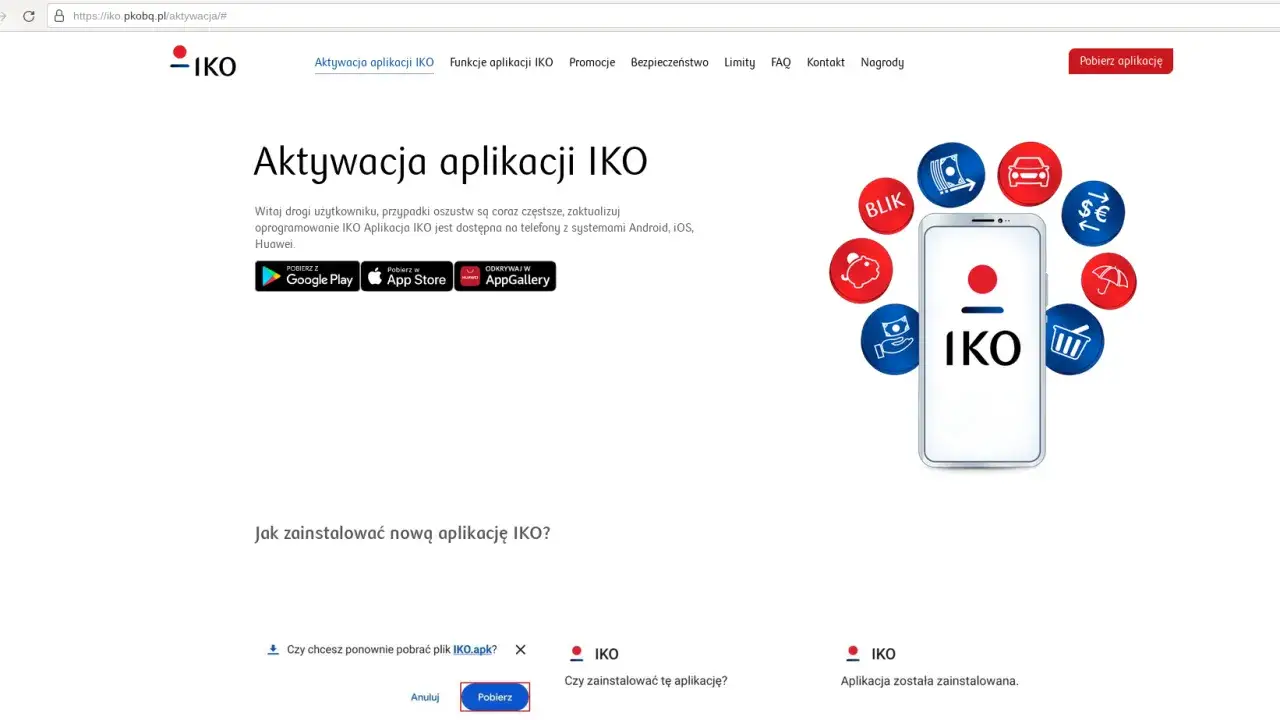 Aktywacja aplikacji IKO na drugim telefonie. Pobierz IKO z Google Play, App Store lub AppGallery.