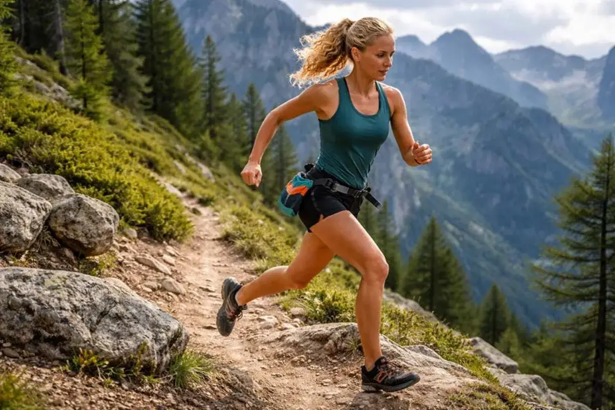 Kobieta w sportowym stroju pokonuje g&oacute;rski szlak. Jej dynamiczny bieg anglosaski podkreśla determinację i siłę w otoczeniu majestatycznych szczyt&oacute;w.