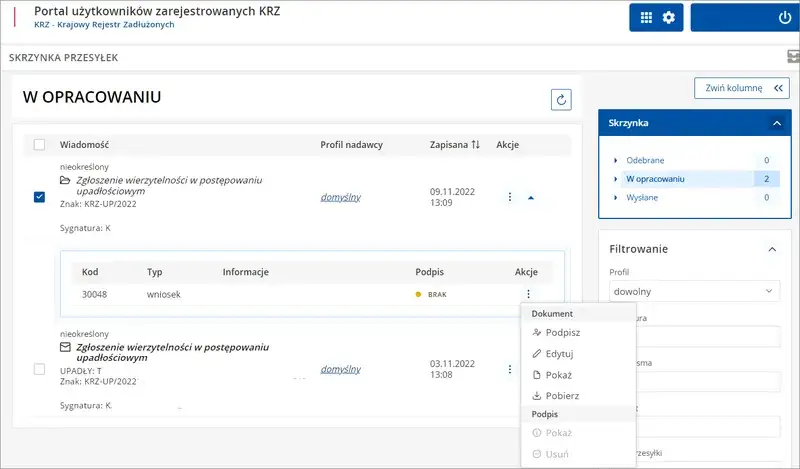 Krajowy Rejestr Zadłużonych interfejs zgłaszanie wierzytelności